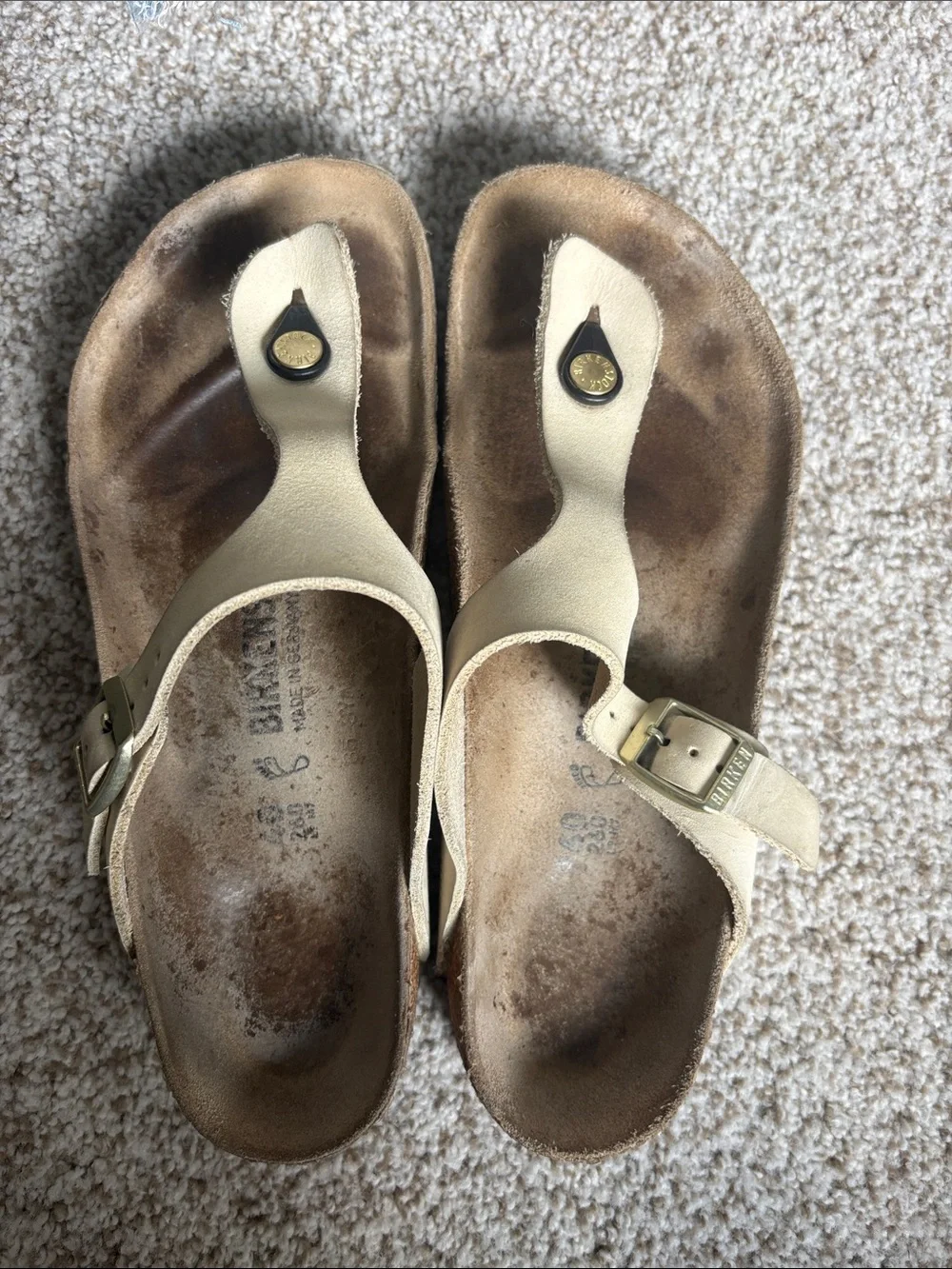 Birkenstock Cream Leather Toe-Post Sandals with Buckle